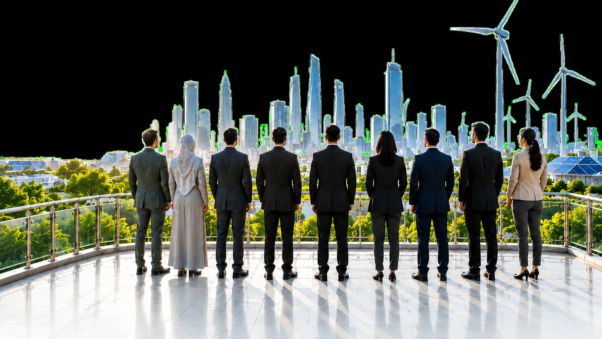Illustration: a group of professionals looking out over a city skyline with wind turbines and solar panels.