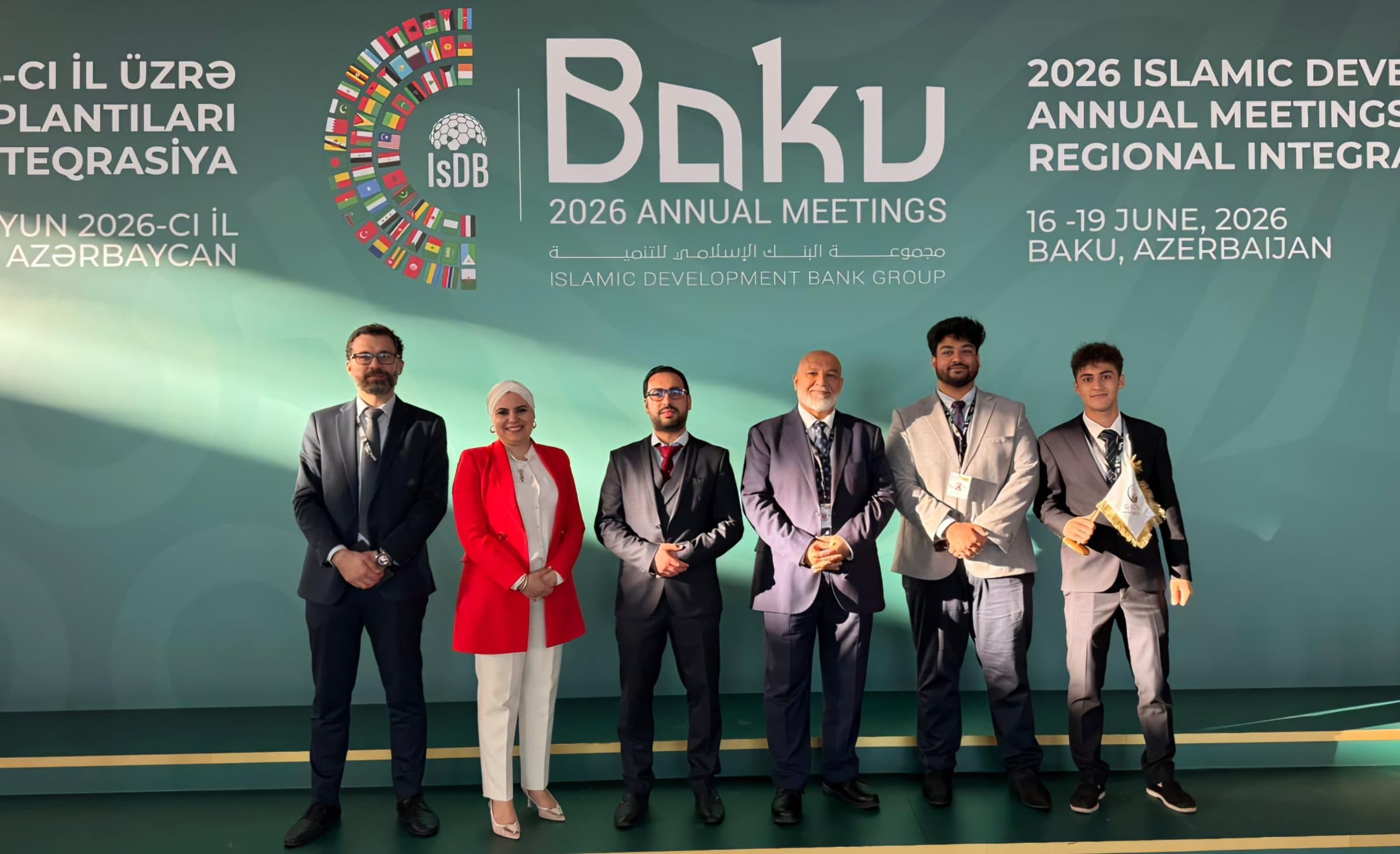 Delegates gathered in front of the IsDB 2026 Annual Meetings backdrop in Baku, June 2026.