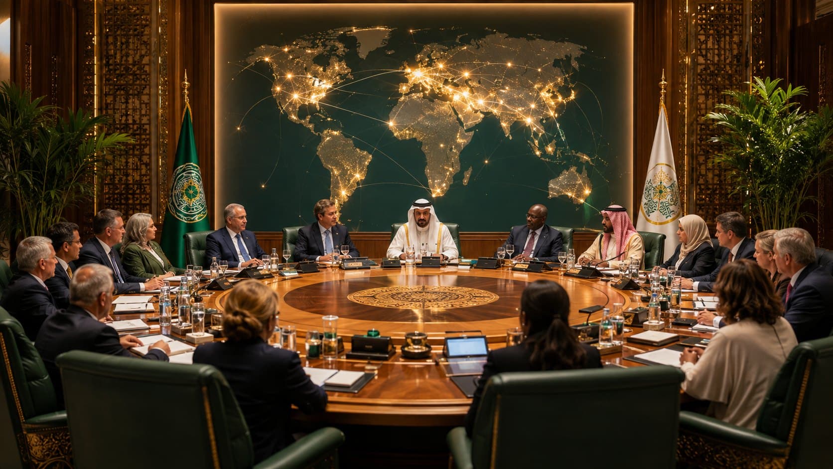 Illustration of a round-table meeting of institutional representatives in front of a world map.