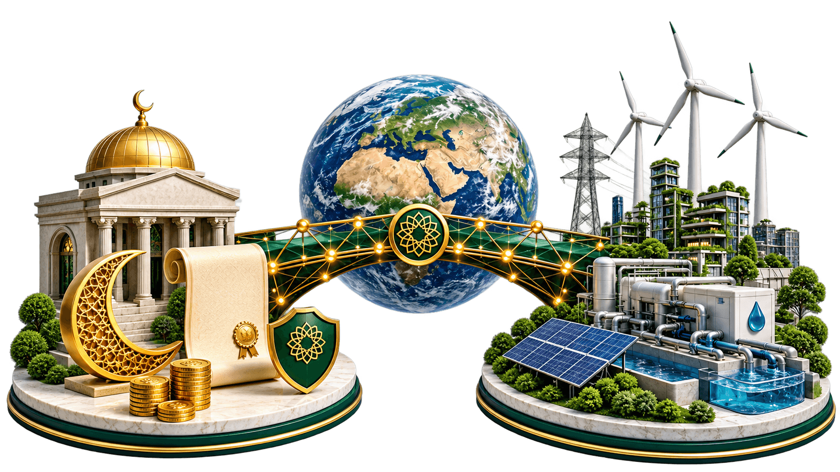Illustration: an Islamic finance institution connected across a bridge to a globe and to renewable-energy infrastructure.