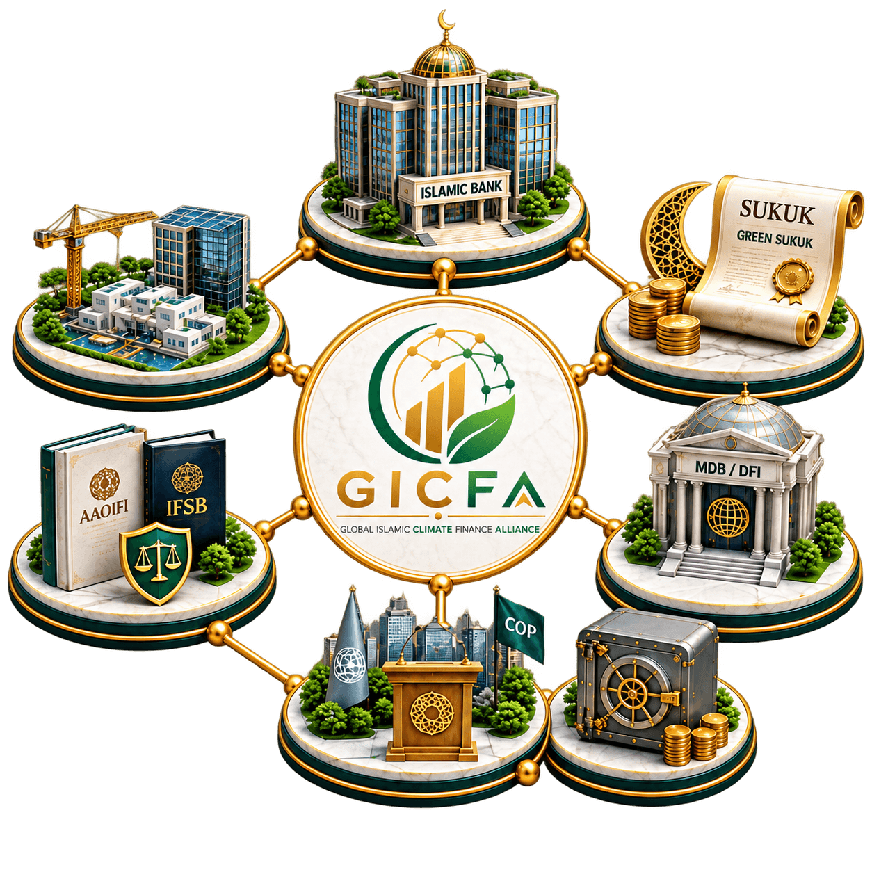 Illustration: the GICFA coordination hub at the centre, linked to Islamic banks, sukuk, development finance institutions, regulators and investors.